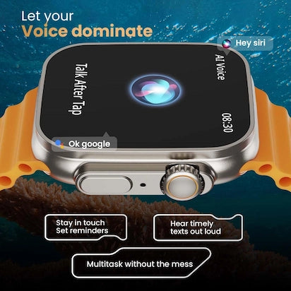 Smartwatch with voice control interface on a blue underwater-themed background