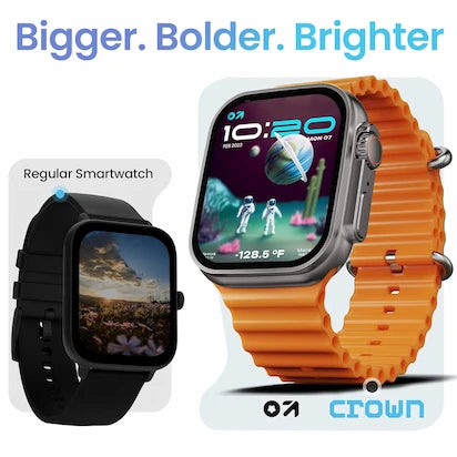 Smartwatch with orange band and 'Crown' branding on a white background