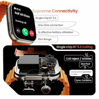 Smartwatch with connectivity features displayed on a white background