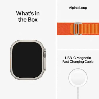 Product listing with a smartwatch, USB-C magnetic fast charging cable, and orange Alpine Loop band on a white background.