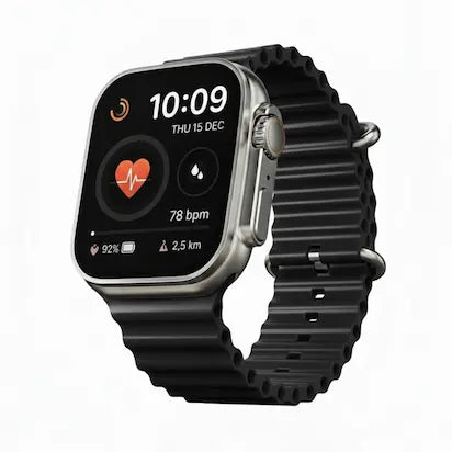 Smartwatch with a black band on a white background